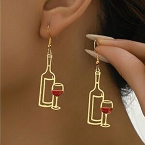 Women's Gold Wine Bottle and Glass Earrings